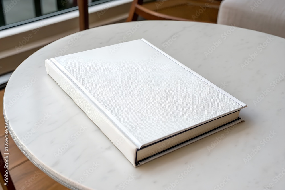 Fototapeta premium Elegant White Book on Round Marble Table Top in Natural Light