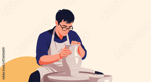 An artisan skillfully shapes clay on a pottery wheel crafting a unique vessel with focused concentration.