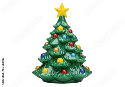 Vintage ceramic christmas tree with star and colorful ornaments for holiday decor isolated on white background