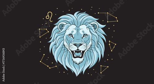 Astrological lion head with a majestic mane and starry constellations in the background.