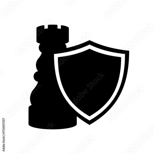 Chess rook with shield. Strategy, protection and defense concept. Protection, strength and stability idea. Business tactics, security, planning. Safeguarding goals and resilience. Vector illustration