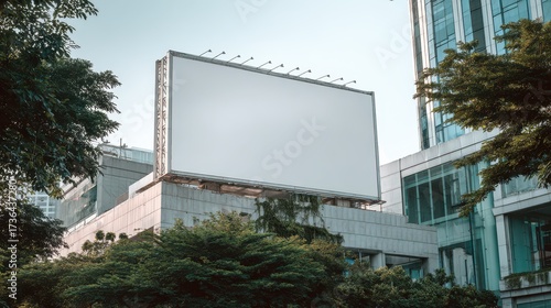 An empty huge poster mockup on the roof of a mall; white template placeholder of an advertising billboard on the rooftop of a modern building framed by trees; blank mock-up of an.