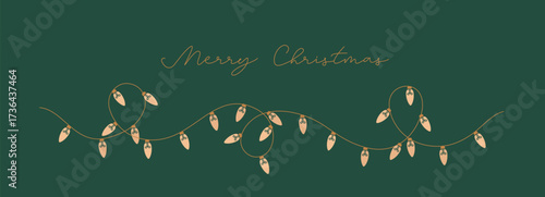 Thin line retro style string festive decorative Merry Christmas sign light garland. Retro minimalist vector bright bulbs border for banner, card