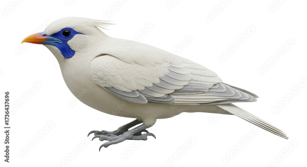 Obraz premium Isolated Bali Myna Bird with Blue Facial Skin, Beautiful White Plumage and Orange Beak