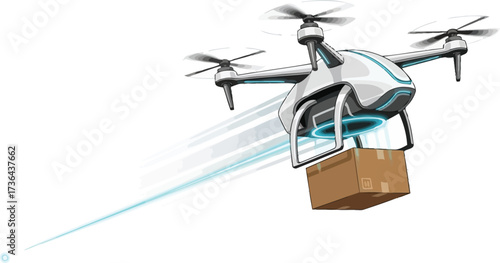 A white drone delivering a brown cardboard box with blue light trail on a white background scene