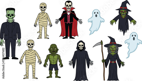 Cartoon Halloween characters, spooky monster illustration set, vampire mummy ghost witch vector, creepy zombie artwork, grim reaper design, festive, flat vector