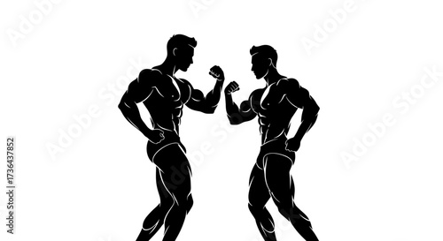 Silhouette of Two Bodybuilders Flexing, Showcasing Muscle Definition and Physique