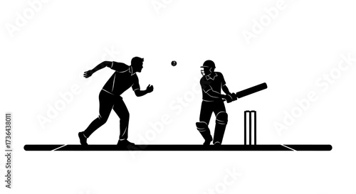 Silhouette of Cricketer Bowling to Batsman A Dynamic Black and White Illustration of the Sport