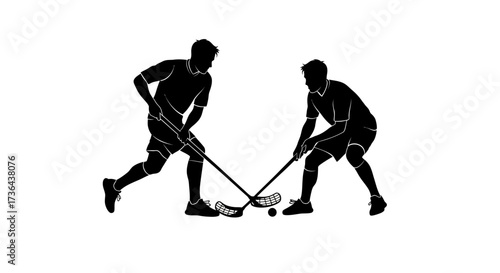 Floorball Showdown Two Athletes Battling for the Ball in a Dynamic Indoor Sports Scene