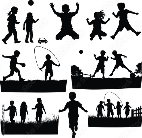 children, kids, play, outdoor, ball, jump, run, skip, rope, fun, joy, group, activity, sport, exercise, energy, childhood, leisure, silhouette, friendship