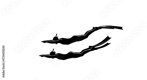 Silhouette of Two Freedivers Gliding Through the Water with Fins and Diving Masks