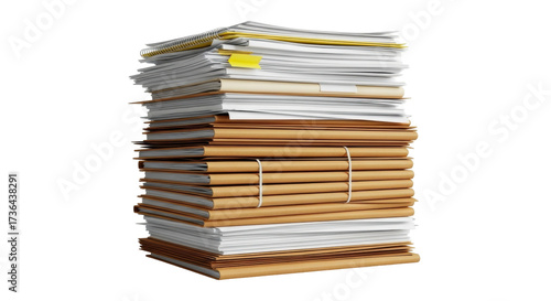 Obraz na plátně Isolated stack of files with brown folders and documents, organized business wor