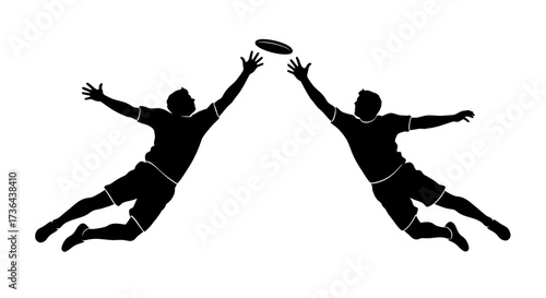Silhouette of Two Athletes Reaching for a Flying Disc in Mid-Air