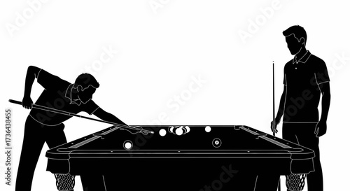 Silhouetted Billiard Game Two Players Focusing on Pool Table with Balls and Cue Sticks