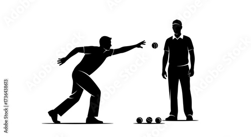 Bocce Ball Competition Silhouette of Man Throwing Ball, Another Standing Ready near Balls on Court