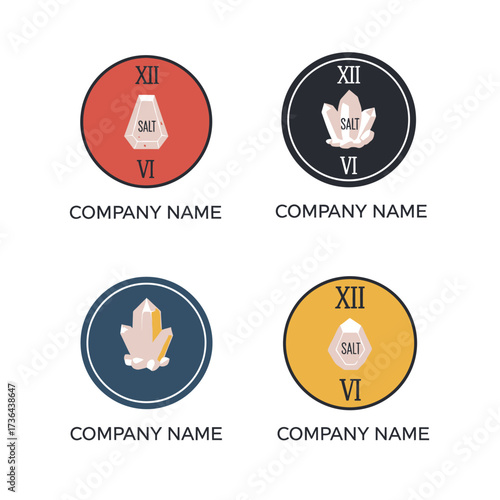 Set of four circular logos featuring salt crystals and salt shakers.