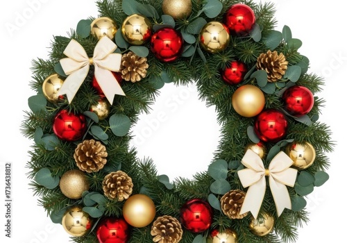 Festive christmas wreath with red gold ornaments and creamy white bows isolated on white background