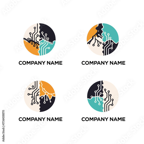 Set of four circular technology logo designs with electronic circuit board patterns.