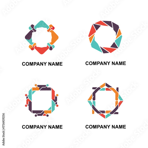 Set of four colorful abstract geometric logo designs for company branding.