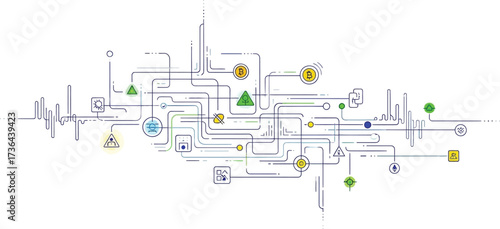 Abstract network diagram with bitcoin symbols triangles and lines on a white background design concept