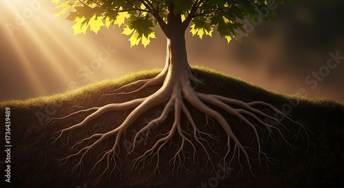 Strong roots and small tree in rich soil under warm light, symbolizing resilience