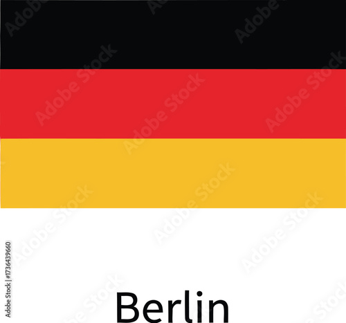 A german flag with black red and yellow horizontal stripes and the word berlin below it centered