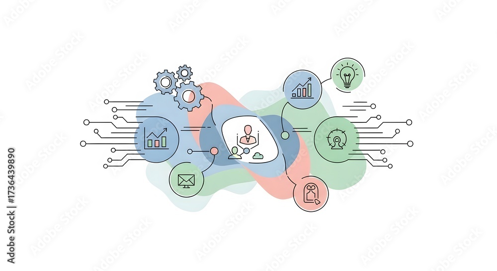 Naklejka premium Business concept with icons for growth, ideas, and collaboration on a colorful abstract background