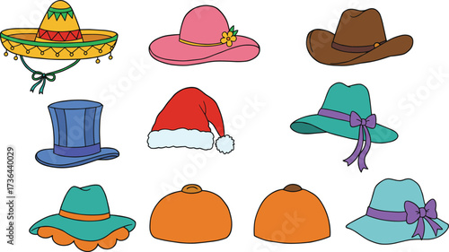 Cartoon hats collection, fashion accessories illustration, cultural headwear vector, cowboy sombrero design, Santa hat artwork, stylish beanie drawing, costume, flat vector