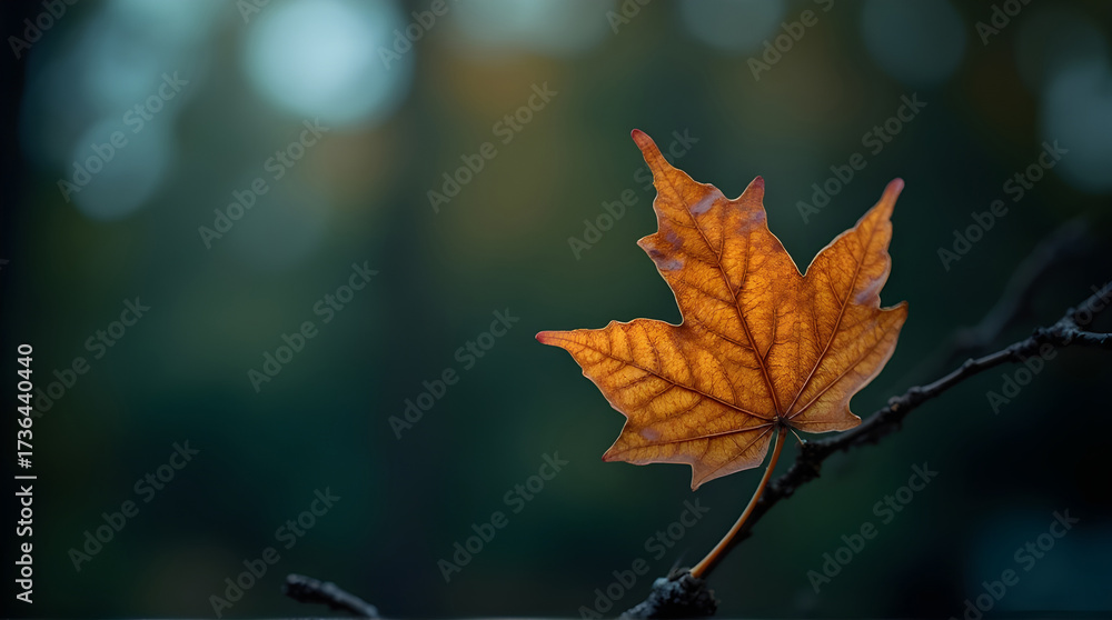 Obraz premium Single maple leaf on a branch against a dark background