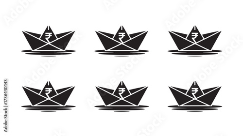 Paper boats with Indian Rupee symbol simple black and white vector illustration representing finance and investment