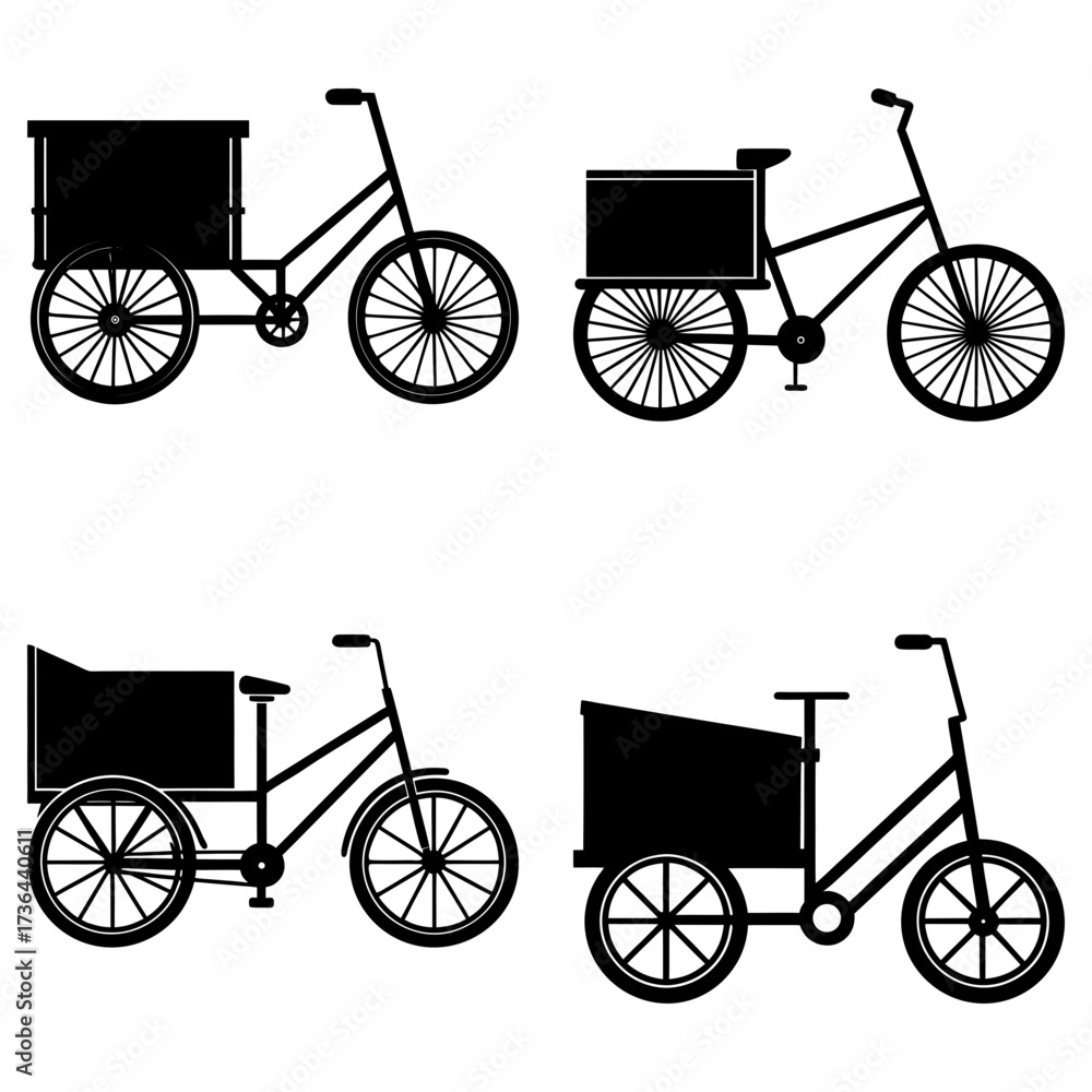 Fototapeta premium Illustration showing four different styles of delivery bicycles with cargo boxes in a black silhouette style