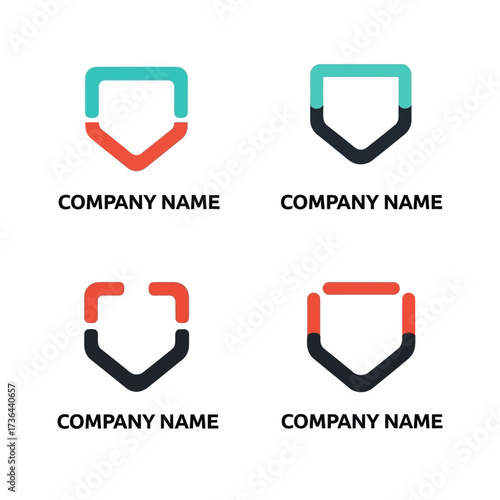 Set of four modern shield-shaped logo designs with abstract lines.
