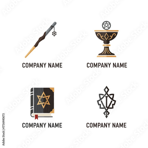 Set of four mystical and magical themed logos with various occult symbols.