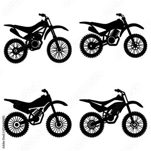 Four motorcycle silhouettes in a grid pattern showcasing different bike designs and styles on white background