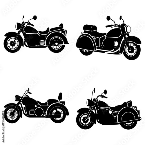 Illustration showing four different motorcycle designs with varying body styles and sidecar options shown