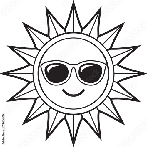 Cartoon Sun with Sunglasses Line Art Icon