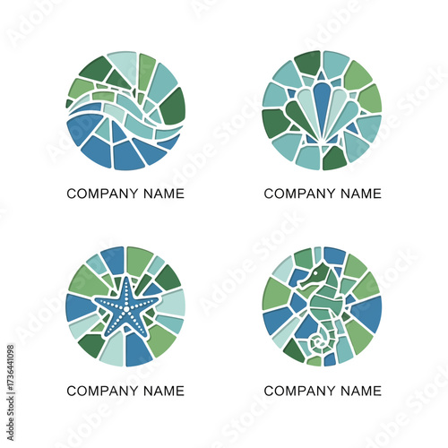 Set of Four Sea Life Mosaic Circle Logos for Company Branding.