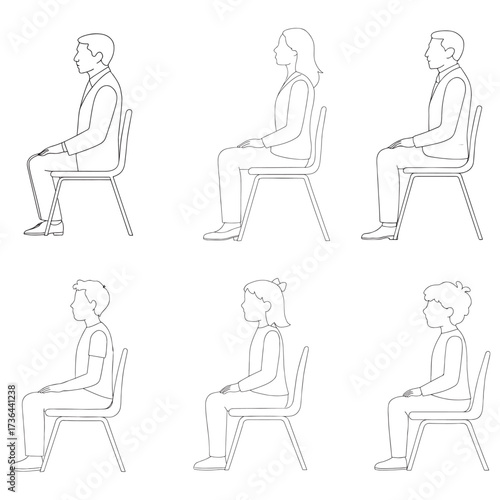 men and 
women and teenagers sitting on bench or chair business group in profile view