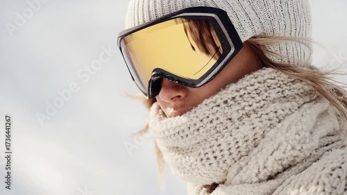 A woman wearing ski goggles and a scarf, perfect for winter outdoor activities