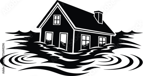 A monochrome illustration of a residential house sinking in devastating floodwaters, symbolizing a natural disaster and property damage