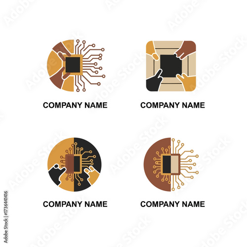 Set of four technology logo templates with microprocessor and circuit board designs.