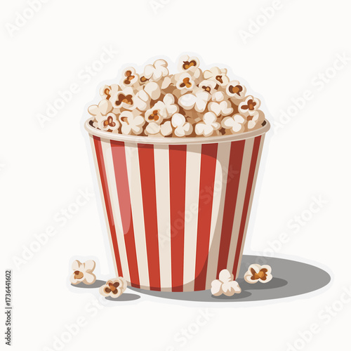 Cartoon style popcorn bucket with striped design, snack for watching a movie at the cinema or at home.