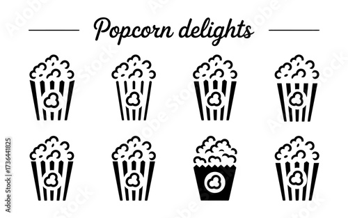 Popcorn icons for cinema or entertainment. Simple vector set of snack boxes for movie night.