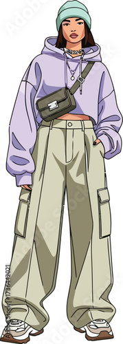 Woman in a lavender hoodie and beige cargo pants with a crossbody bag and beanie on a white background