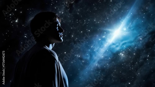 Silhouette of a person gazing at a starry sky with a bright comet. Captured from a low angle, this scene evokes wonder, perfect for a cosmic-themed video. Live desktop wallpaper.