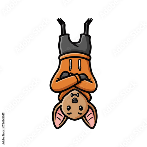 Adorable bat hanging upside down wearing a hoodie with its arms crossed, perfect for Halloween designs or children's books