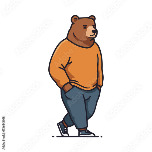 Hipster bear walking confidently with hands in pockets, a fun and unique mascot for brands wanting a playful, casual aesthetic