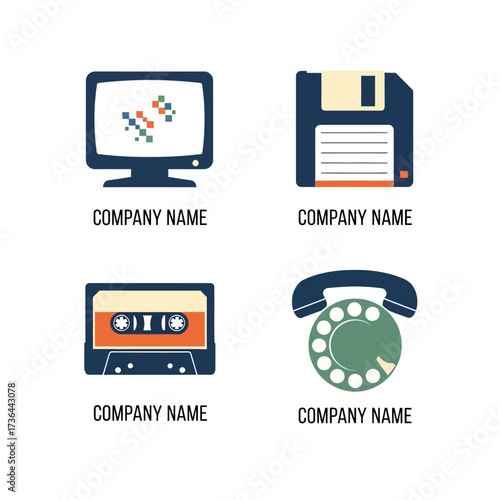 Vintage technology icons representing computer, floppy disk, cassette tape, and rotary phone.