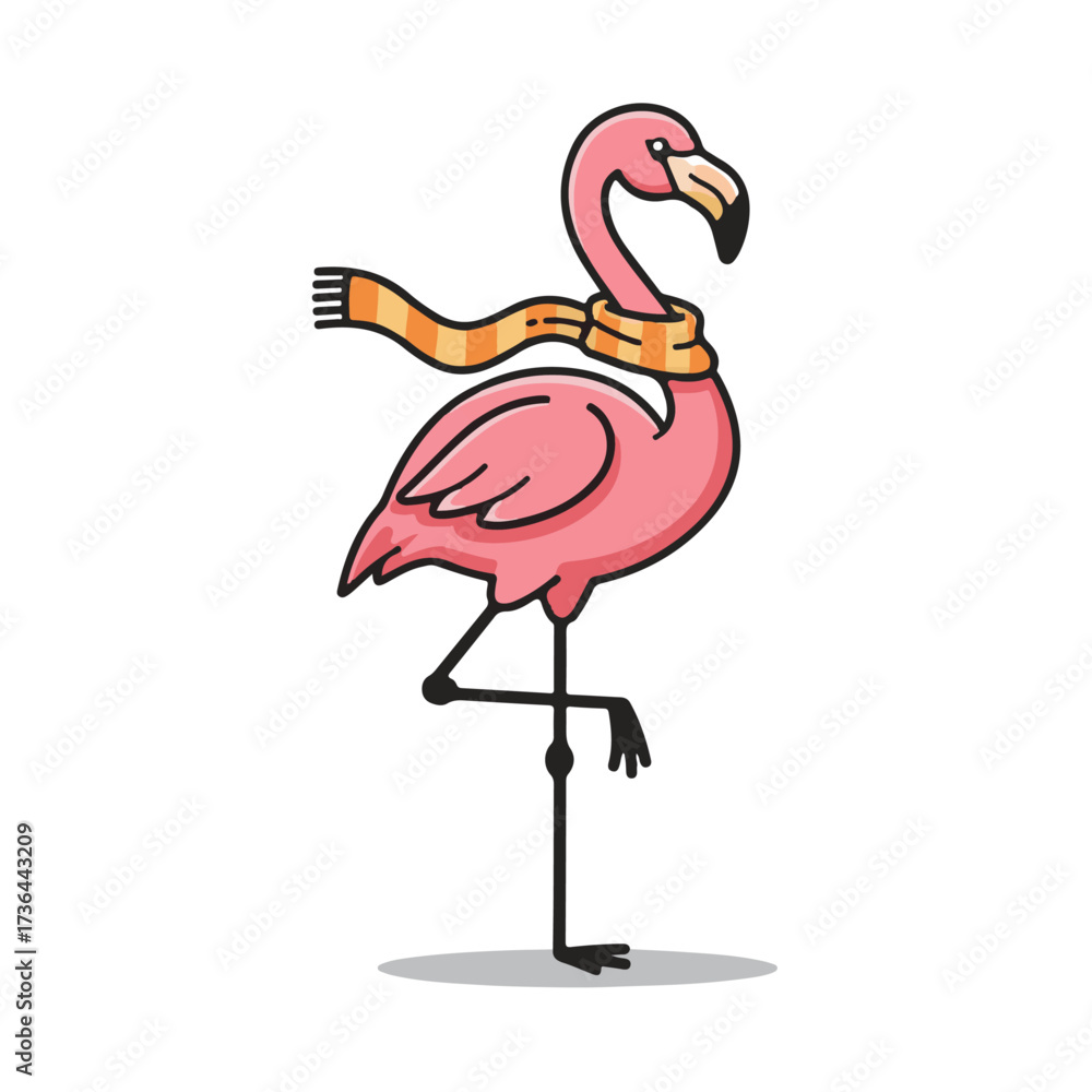 Obraz premium Cute pink flamingo wearing a cozy scarf, perfect for winter themed designs and tropical holiday promotions, a fun and quirky element to enhance your project
