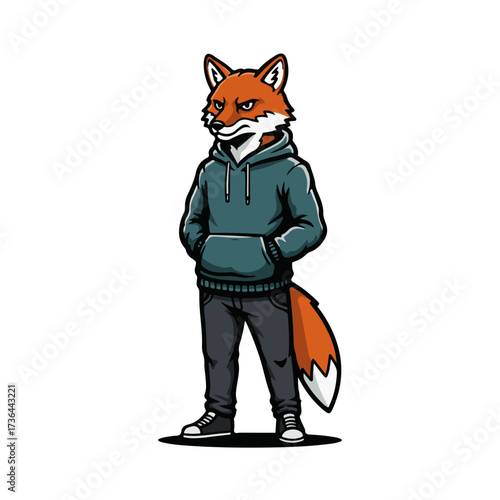 Cool fox character with attitude wearing hoodie and sneakers for edgy designs or mascot branding, perfect for streetwear or gaming visuals